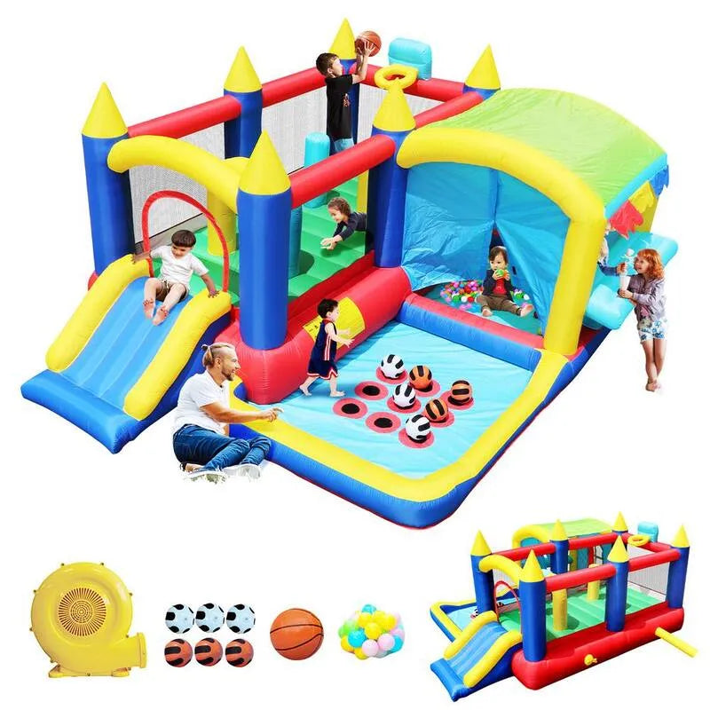7-in-1 7 in. 1 Maison gonflable avec terrain à bal pour enfants En plein air Fête en famille Amusement, Cadeaux de fête d'anniversaire, 7-en-1