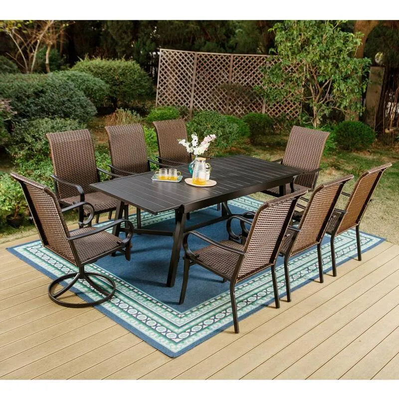 9 pièces Ensemble de salle à manger extérieure en métal 9 pièces, ensemble de salle à manger extérieure en métal avec table à lattes rectangulaires extensibles et chaises pivotantes en rotin brun