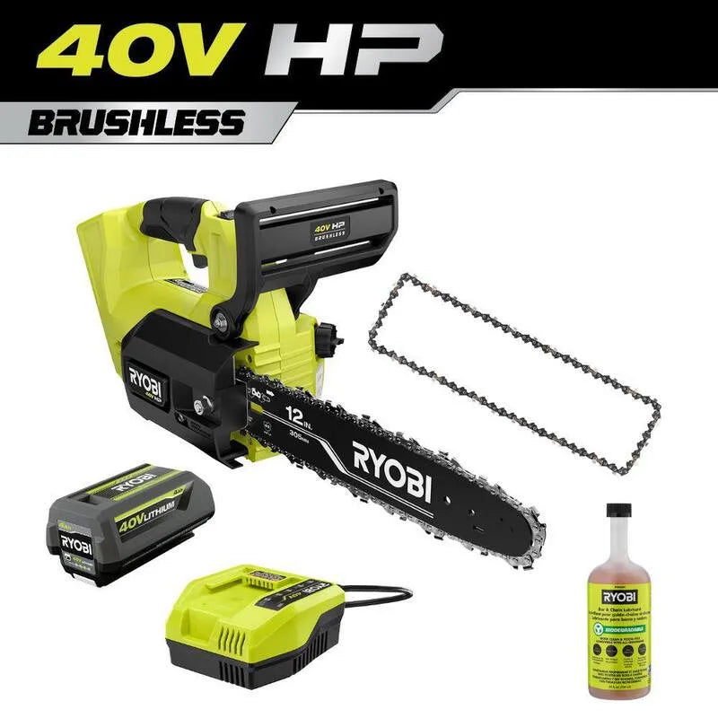 RYOBI Chain Saw, 40V, 12 po, Extra Chain et Bar et huile de chaîne avec 4. 0 Batterie et Chargeur, sans brosse, 12 in