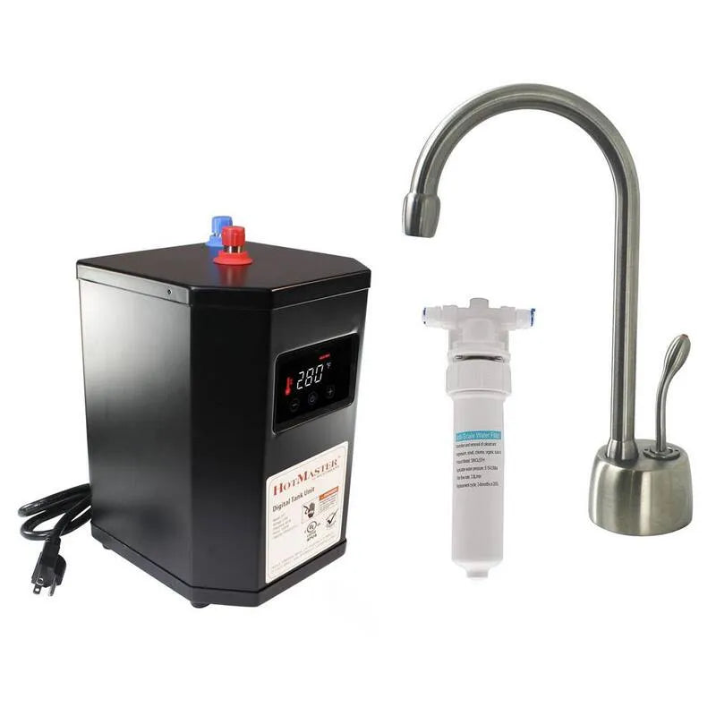 Distributeur d'eau, Nickel satiné, 9 po. Robinet distributeur d'eau chaude avec réservoir numérique HotMaster et filtre d'eau en ligne, 9 in