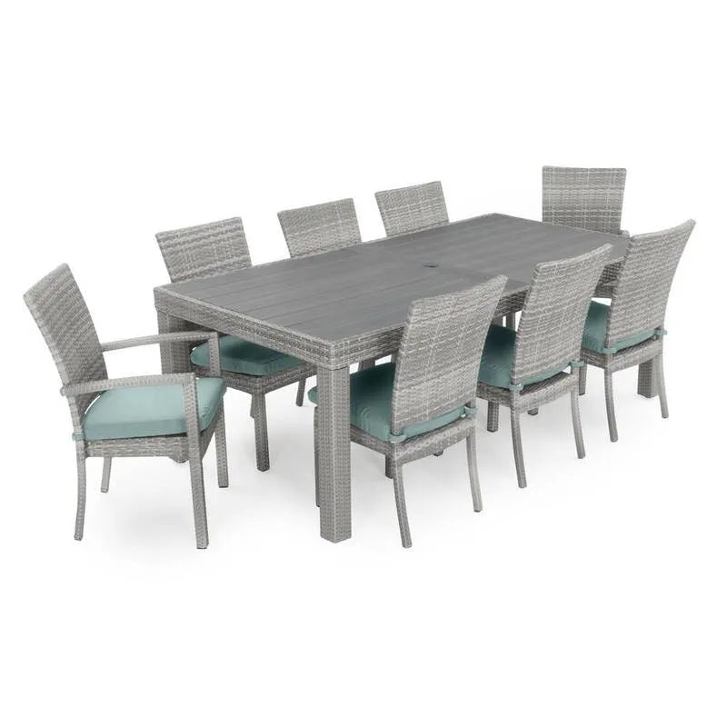 9 pièces Set de repas extérieur en osier 9 pièces, ensemble de repas extérieur en osier avec coussins bleu Sunbrella Spa