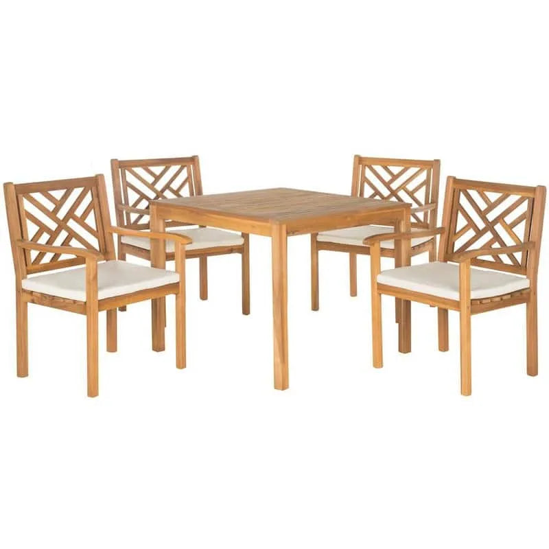 5 pièces Ensemble de repas en bois de pièce en extérieur 5 pièces, Bradbury, Teck Brown Ensemble de repas en bois de bois avec coussins beiges