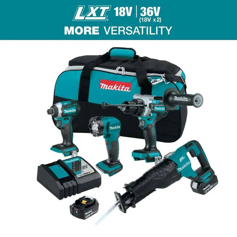 Kit de combo sans fil de LXT de Makita LXT, 18V, conception sans fil, marteau de forage/perceuse d'impact/récipro scie/flashlight, 5, 0 Ah, 5.0 Ah