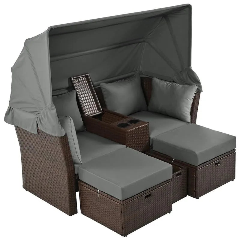 2-Seater, extérieur, lit de jour extérieur en métal de rotin brun, pliable, canapé 2-Seater avec auvent pliable et coussins gris