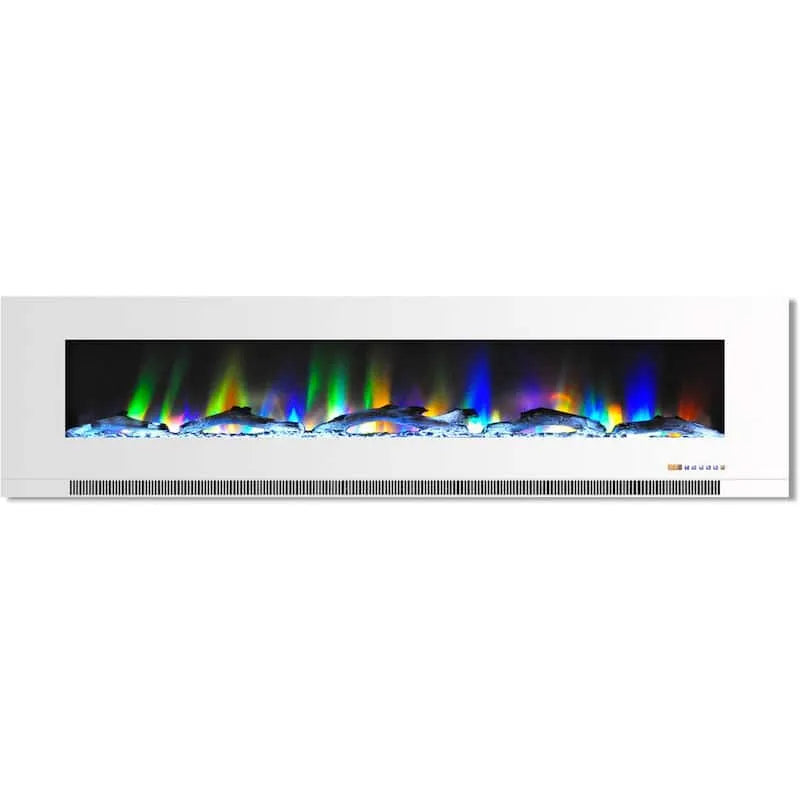 78 po, 78 po. Cheminée électrique murale en blanc avec flammes multicolores et affichage de la bûche