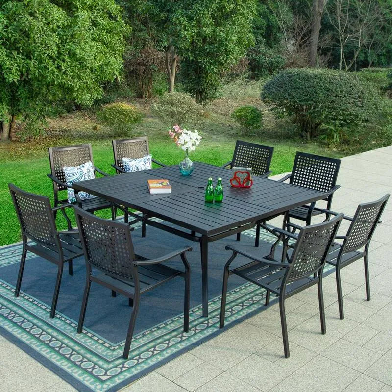 9 pièces Ensemble de repas extérieur en métal, 9 pièces, ensemble de repas extérieur en métal avec table carrée et chaises empilables, empilable