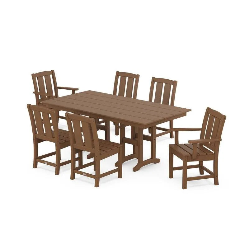 7 pièces Farmhouse en plastique rectangulaire extérieur Set 7 pièces, mission, Teak, Ensembles repas de jardin