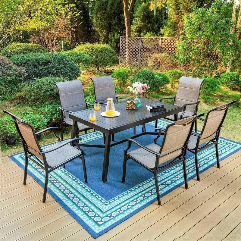 7 pièces Ensemble de salle à manger extérieure en métal à 7 pièces, ensemble de salle à manger extérieure en métal avec table extensible à lattes et chaise en Textile rembourrée à l'arrière, noir