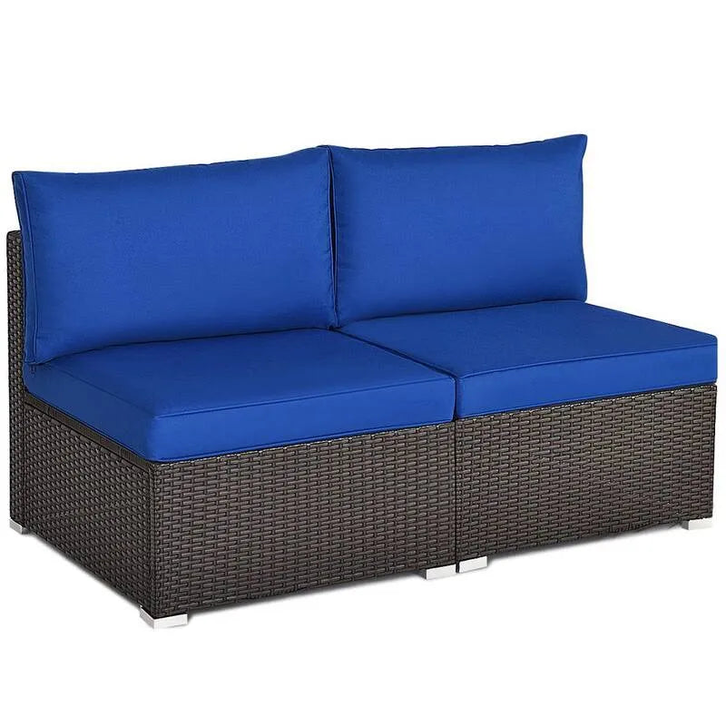 2 pièces Chaise d'amour, 2 pièces, extérieur, cadre en acier résine tressée Rattan extérieur Armless avec coussins et oreillers de marine