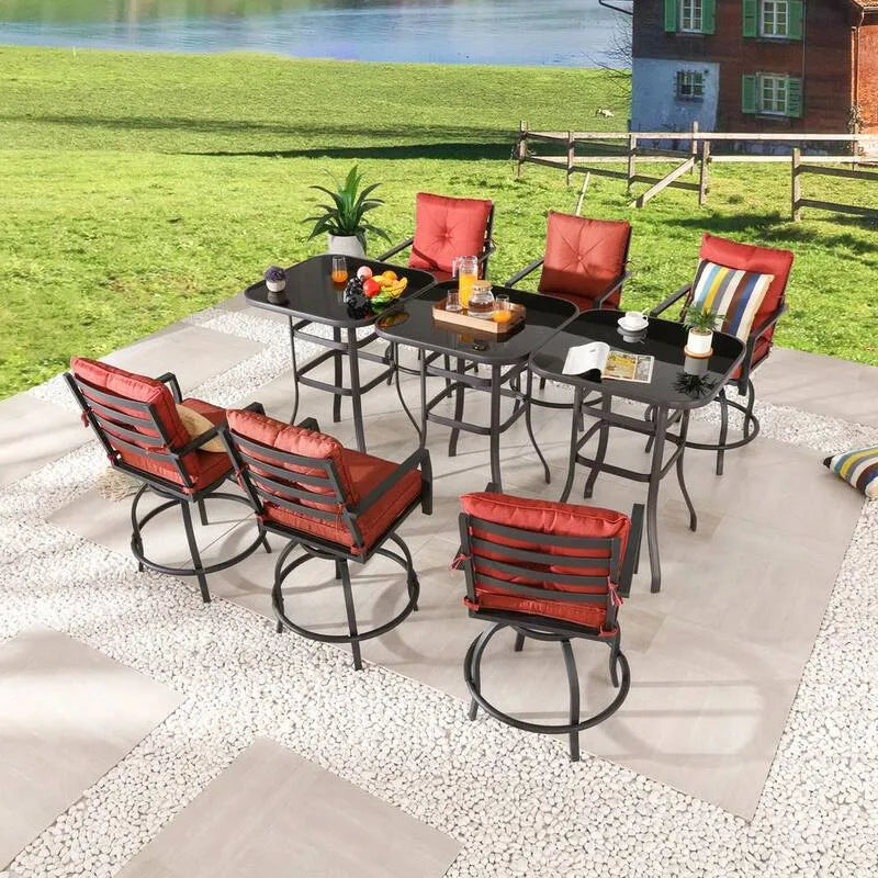 9 pièces Ensemble de repas extérieur de 9 pièces, rouge, hauteur de barre métallique