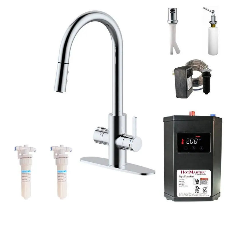 Robinet de cuisine, Chrome poli, Robinet de cuisine à eau chaude instantanée à une main avec réservoir DigiHot filtré en chrome poli