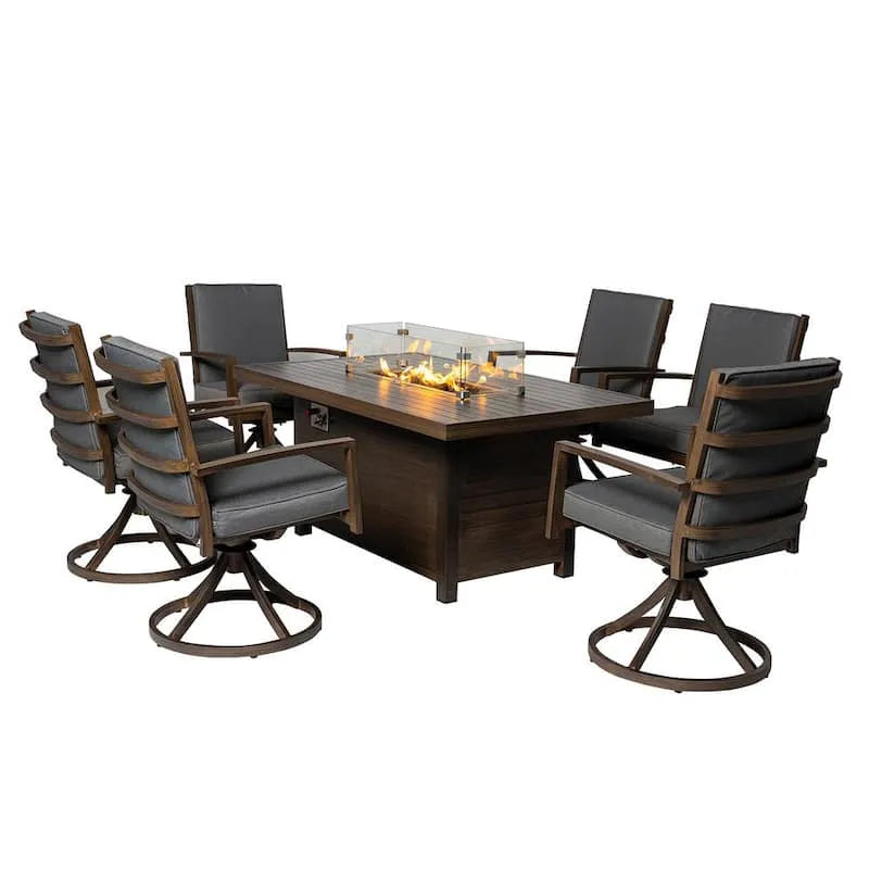 7 pièces Ensemble de repas en aluminium à 7 pièces, ensemble de repas extérieur en aluminium à 7 pièces avec coussin gris et table de cheminée, extérieur, Ensembles repas de jardin
