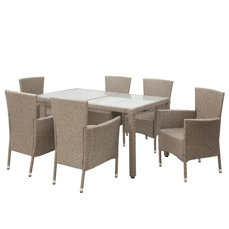 7 pièces Set de repas extérieur en osier à 7 pièces, ensemble de repas extérieur en osier avec coussin beige, Ensembles repas de jardin