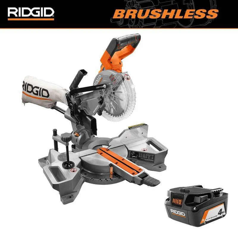 Sciure de mitre RIDGID, sans fil 18V 7-1/4 po. Sciure de mitre double biseau coulissante avec batterie 18V Lithium-Ion 4. 0 Ah, sans fil, 4 in, 4.0 Ah