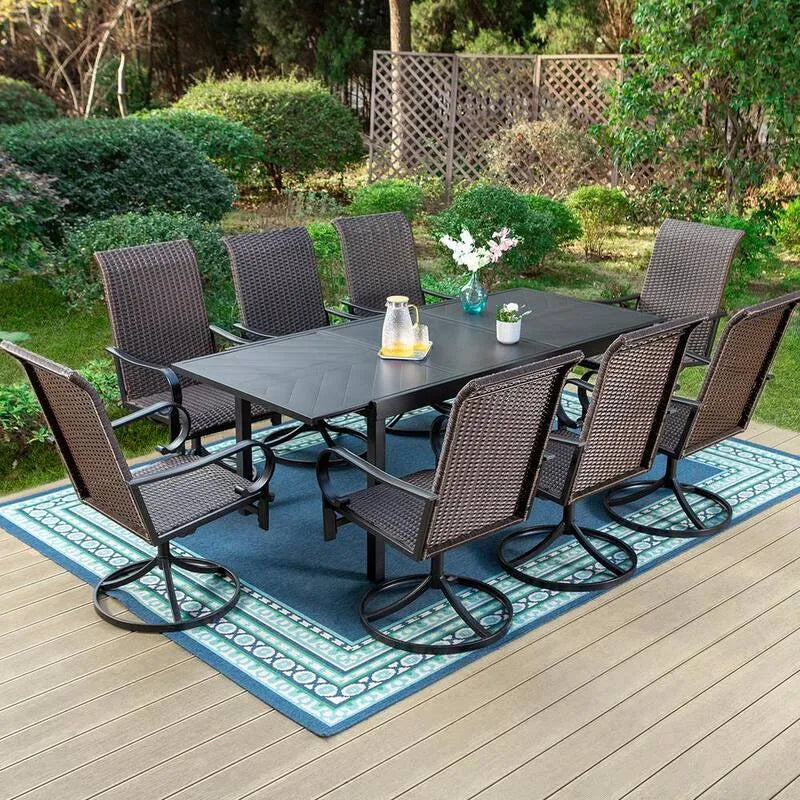 9 pièces Ensemble de repas extérieur en métal 9 pièces, ensemble de repas extérieur en métal avec table extensible de carve rectangulaire et chaises pivotantes en rotin brun