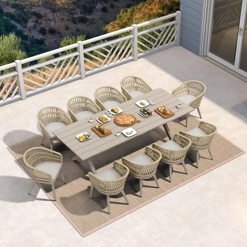 11 pièces Ensemble de repas extérieur rectangulaire de type PE Rattan 11 pièces, Champagne, aluminium, Dossier rond de Champagne, Ensembles repas de jardin