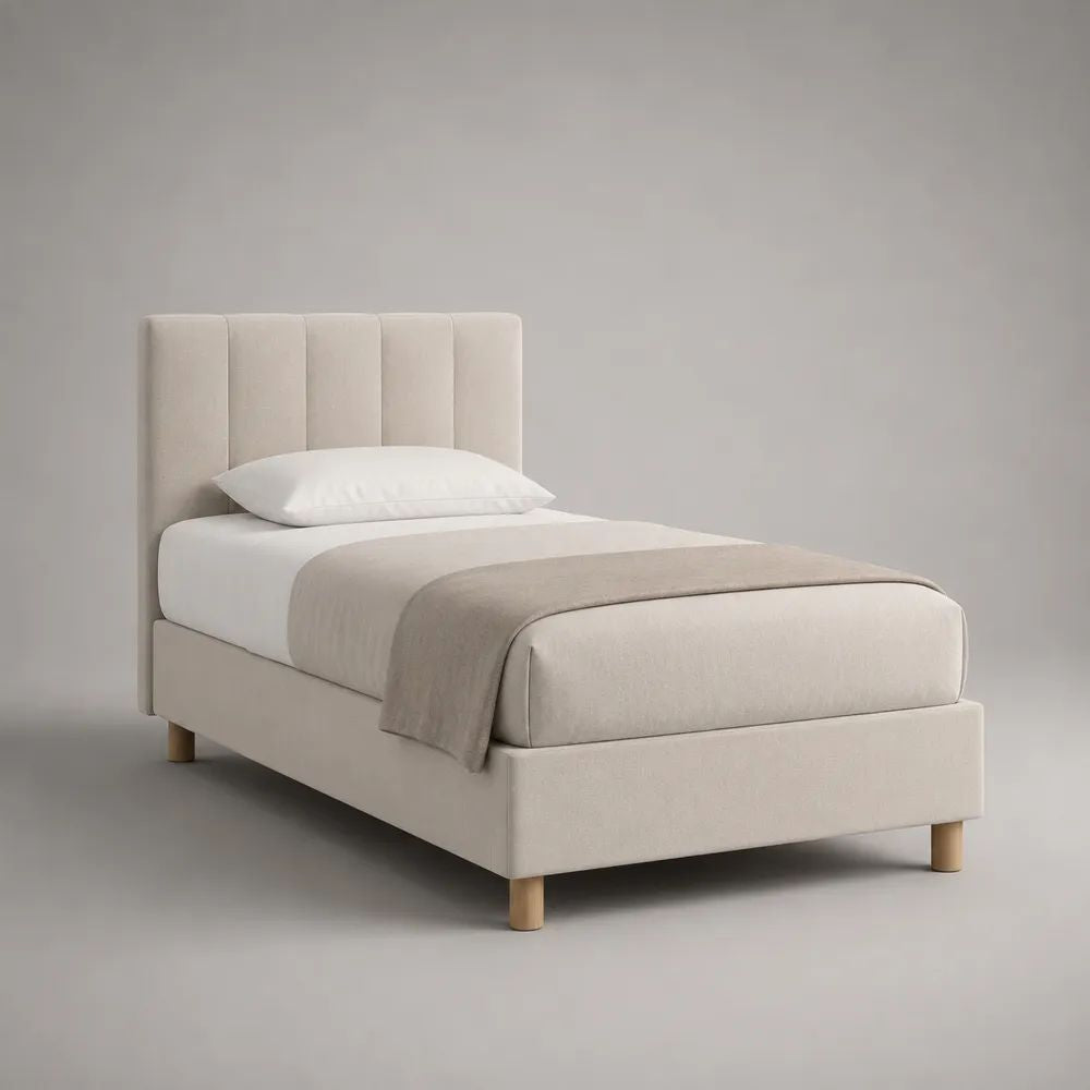 Lit simple rembourré beige clair 90 × 190 cm avec tête de lit rectangulaire et sommier à lattes