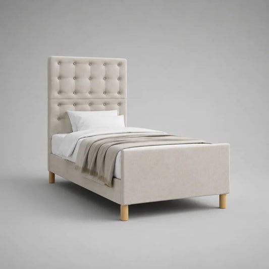 Lit simple capitonné beige en polyester 90 x 190 cm avec tête de lit haute et sommier à lattes