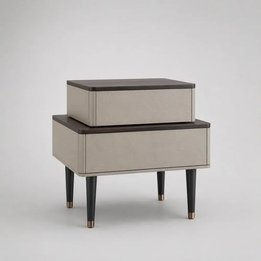 Table de chevet rectangulaire à 2 tiroirs en MDF et microfibre, taupe et brun foncé, 60 × 42 × 68 cm