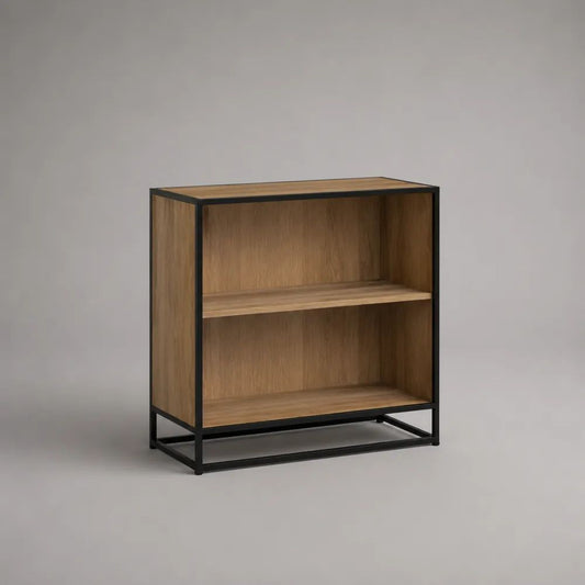 Bibliothèque basse rectangulaire à 2 niches en bois et métal, chêne naturel et noir, 80 × 35 × 85 cm