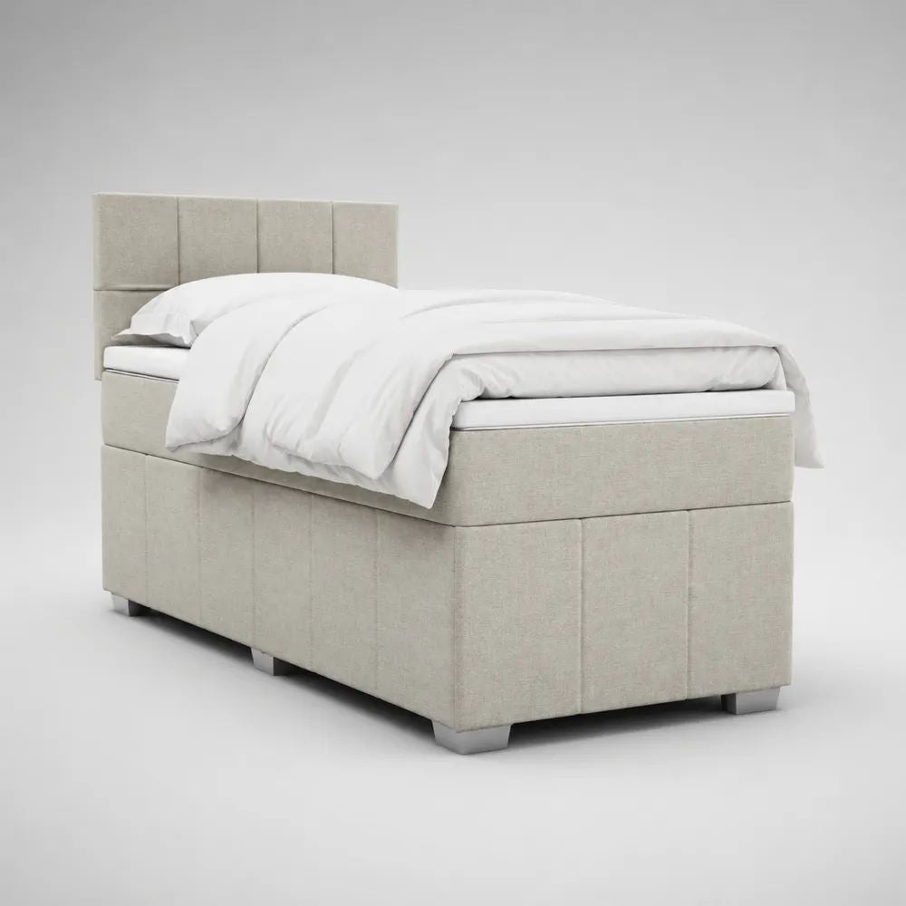 Lit simple rembourré en tissu beige clair 90 x 190 cm, dimensions 203 x 101 x 120 cm, pieds gris