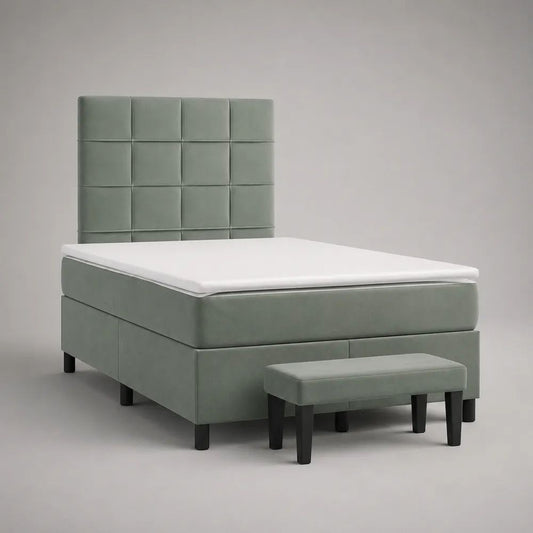 Ensemble lit double rectangulaire 160 x 200 cm avec matelas, surmatelas, tête de lit et banc en tissu vert sauge