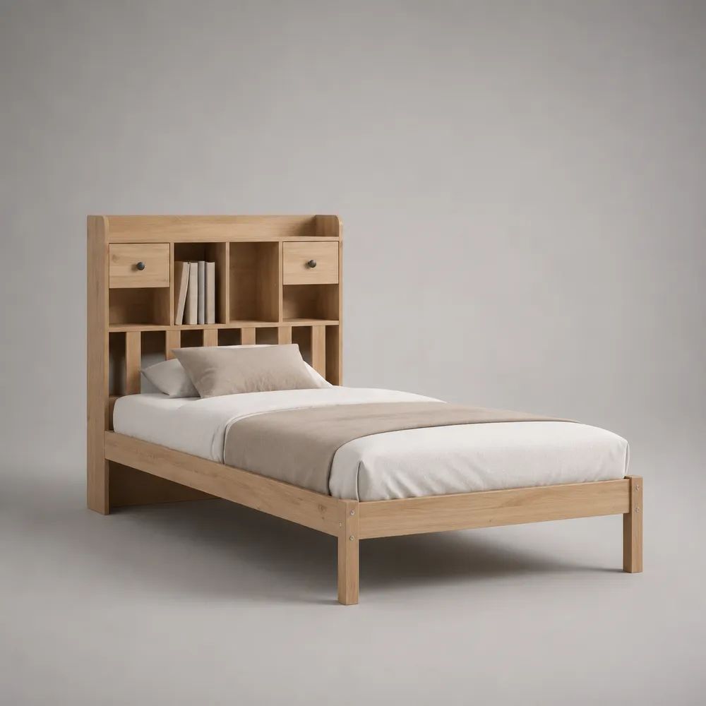 Lit simple 90 × 190 cm en pin massif, tête de lit bibliothèque avec compartiments et 2 tiroirs, finition chêne naturel et noir
