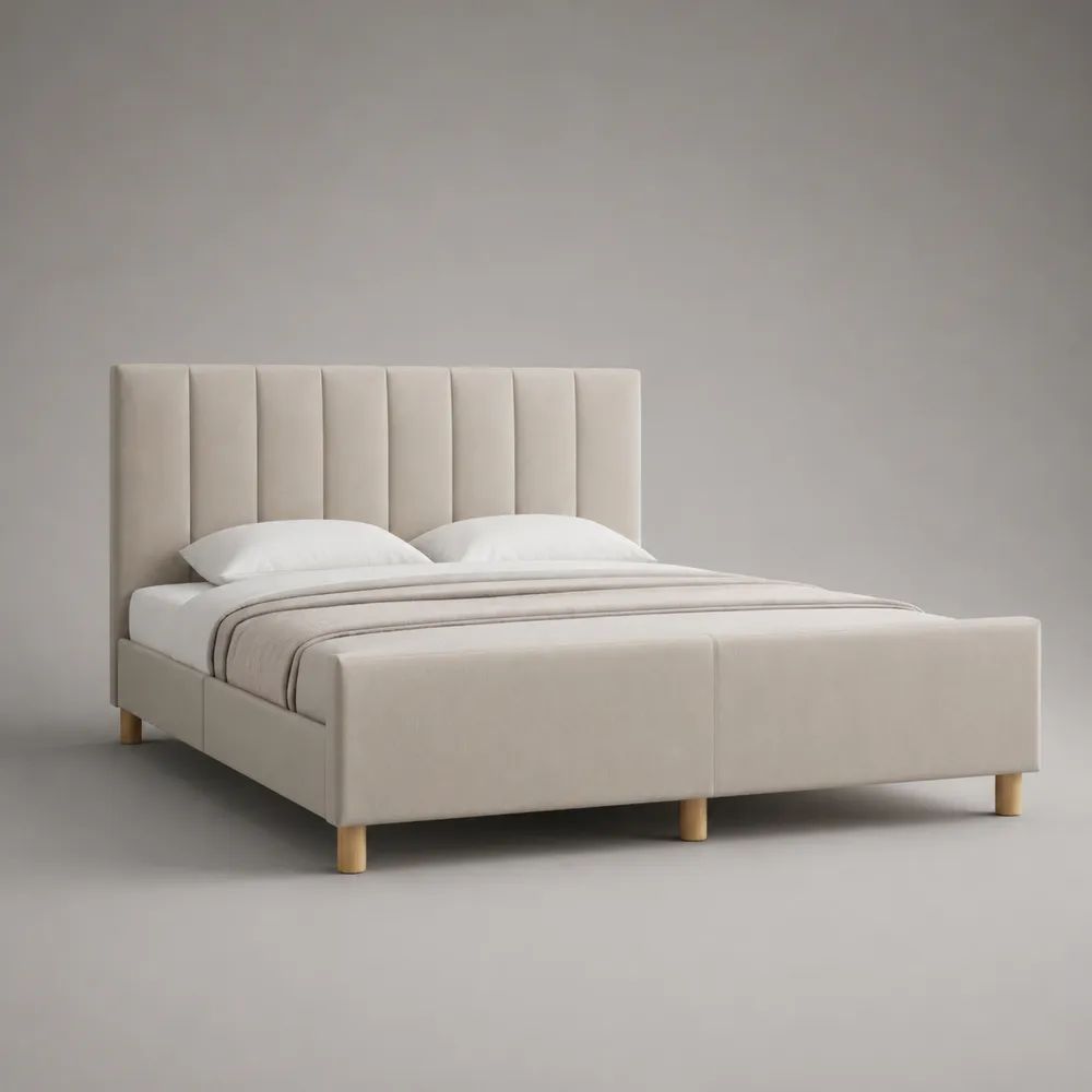 Lit double rembourré 160 × 200 cm beige avec tête de lit à panneaux verticaux, pied de lit et pieds en bois