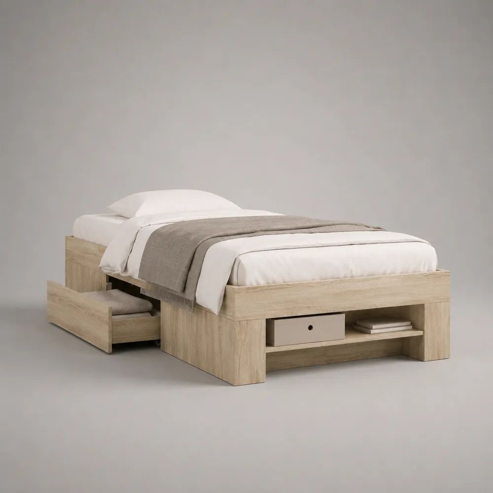 Lit simple avec rangement 90 x 190 cm en panneaux de particules mélaminés, chêne clair