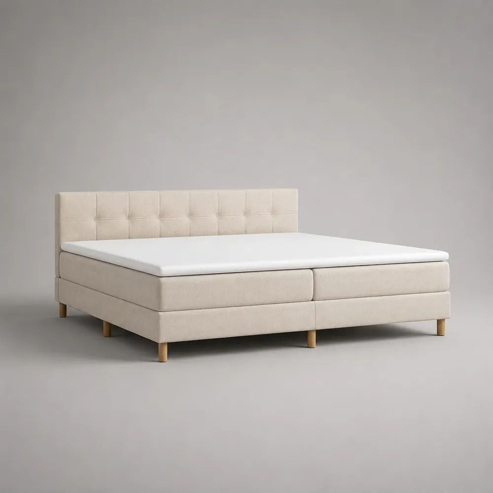 Lit double à sommiers tapissiers en polyester beige avec tête de lit, 2 matelas et surmatelas, couchage 180 × 200 cm, dimensions 180 × 210 × 110 cm