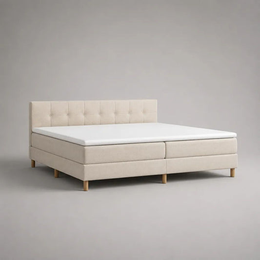 Lit double à sommiers tapissiers en polyester beige avec tête de lit, 2 matelas et surmatelas, couchage 180 × 200 cm, dimensions 180 × 210 × 110 cm