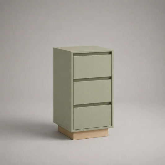 Table de chevet étroite à 3 tiroirs en MDF vert sauge avec socle en pin massif, 40 × 35 × 75 cm