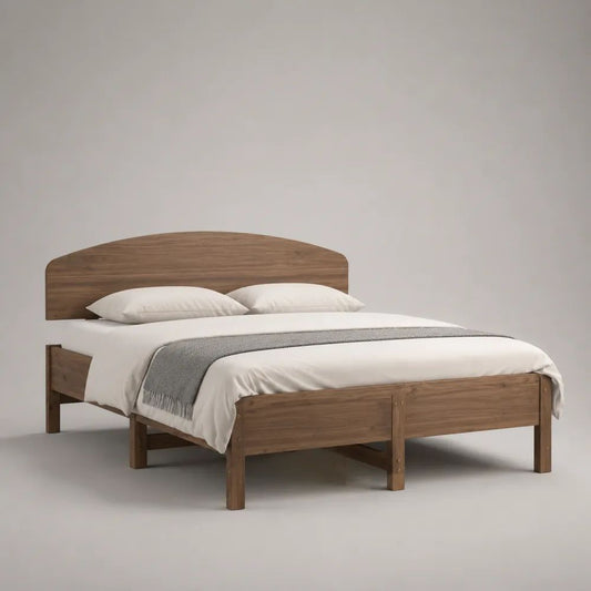 Lit double 160 x 200 cm en pin massif teinté noyer avec tête de lit et sommier à lattes