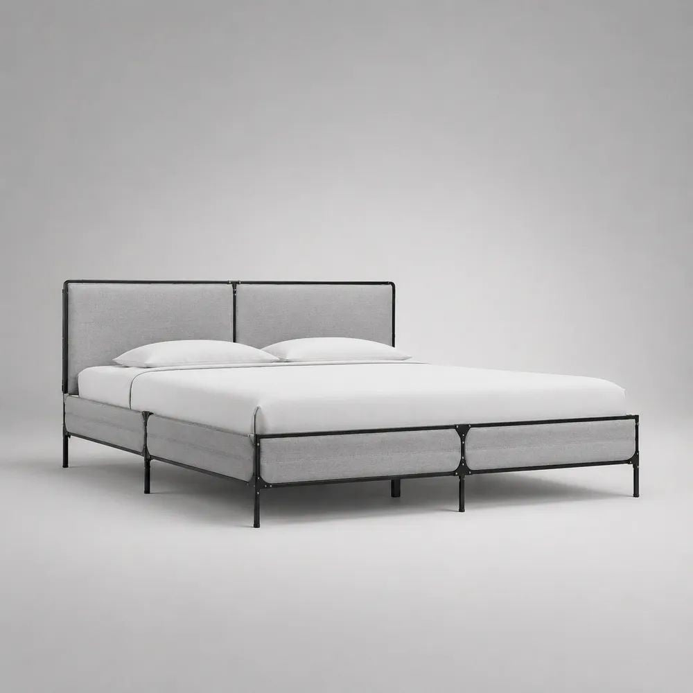 Lit double 160 x 200 cm avec tête de lit rembourrée, cadre en acier noir et revêtement en tissu gris clair