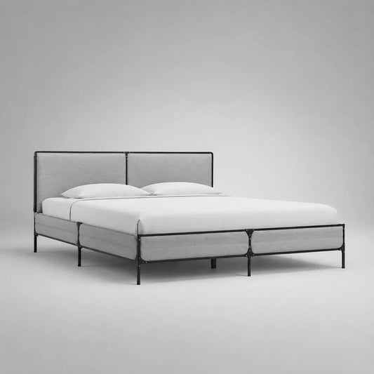 Lit double 160 x 200 cm avec tête de lit rembourrée, cadre en acier noir et revêtement en tissu gris clair