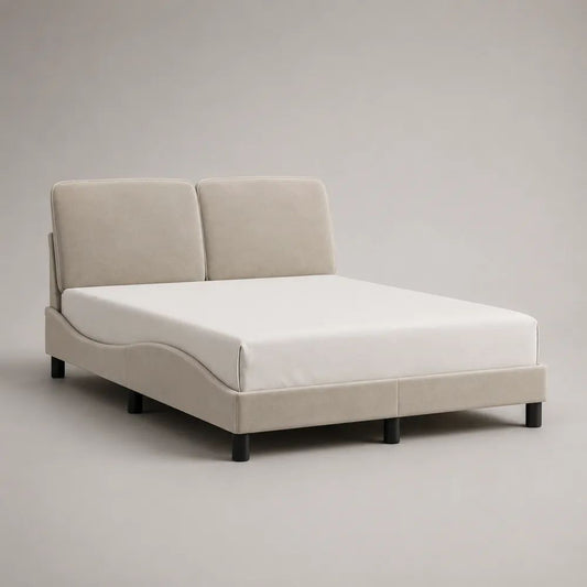 Lit double rembourré 160 × 200 cm en velours polyester beige avec tête de lit et sommier à lattes