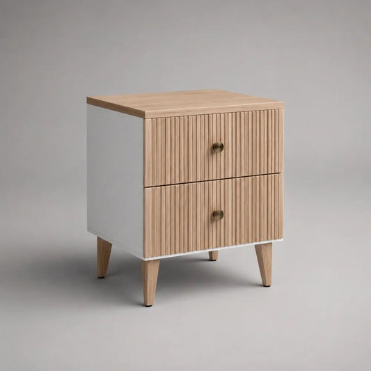 Table de chevet rectangulaire en bois et métal à 2 tiroirs, bois naturel et blanc, 45 × 40 × 60 cm