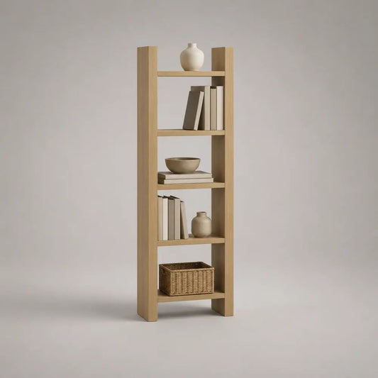 Bibliothèque étroite en bois à 5 niveaux, chêne clair, 60 × 30 × 180 cm