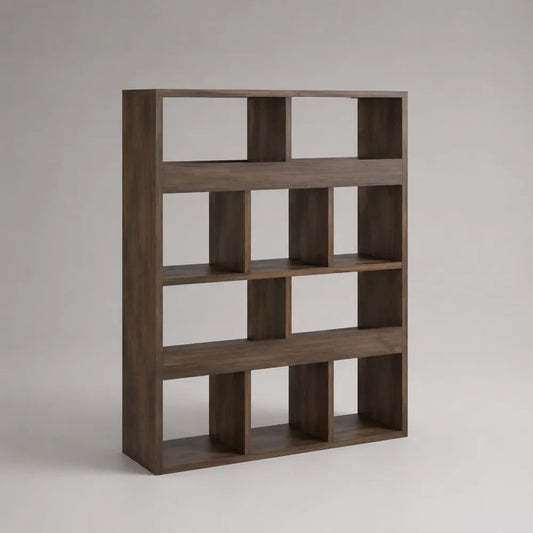 Bibliothèque ouverte en panneaux de particules, 10 niches, décor noyer, 100 × 30 × 150 cm