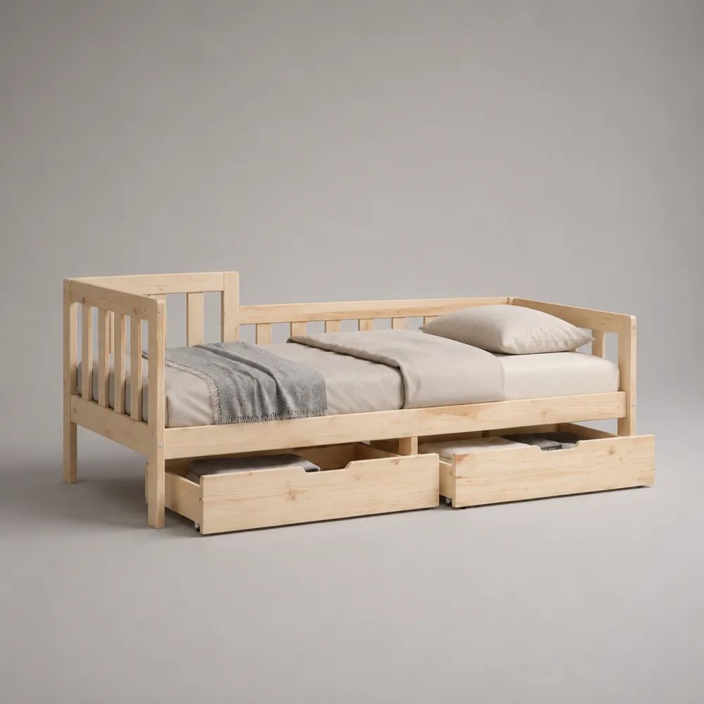 Lit banquette 1 place en pin massif avec sommier et 2 tiroirs, couchage 90 x 190 cm, beige naturel