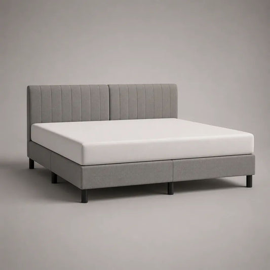 Lit double rembourré en tissu gris et noir 160 × 200 cm avec tête de lit cannelée, 210 × 168 × 105 cm