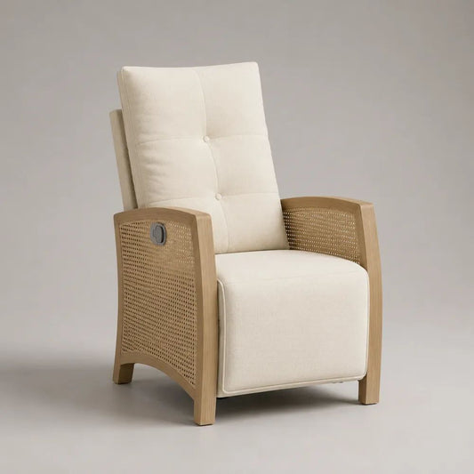 Fauteuil de jardin inclinable avec repose-pieds en acacia massif, résine tressée et tissu beige, 72 × 88 × 105 cm