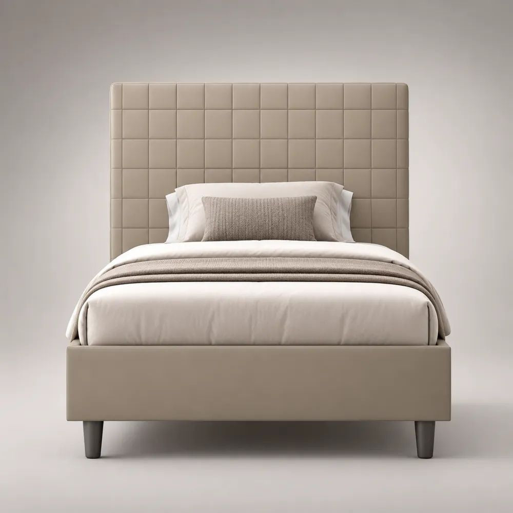 Lit double rembourré en polyuréthane beige taupe 160 x 200 cm avec tête de lit à panneaux et sommier à lattes