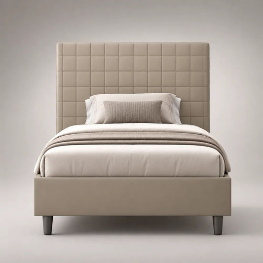Lit double rembourré en polyuréthane beige taupe 160 x 200 cm avec tête de lit à panneaux et sommier à lattes
