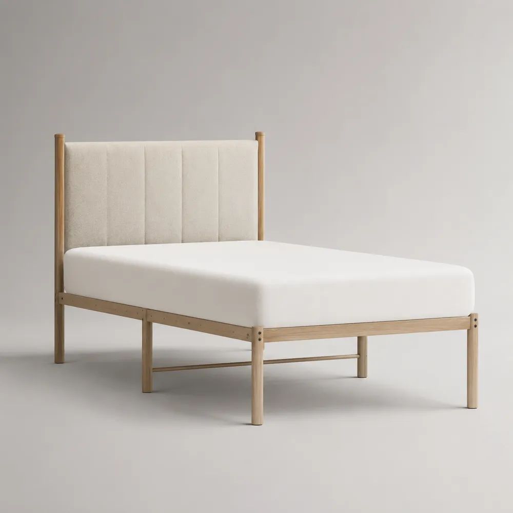Cadre de lit double 140 × 190 cm en bois massif naturel avec tête de lit rembourrée en tissu bouclé beige