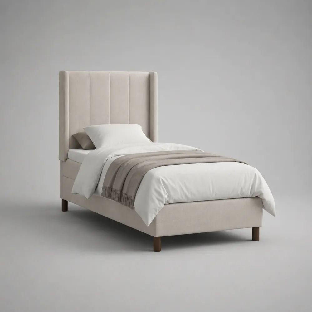 Lit simple rectangulaire en tissu beige avec tête de lit rembourrée, couchage 90 × 190 cm, dimensions 204 × 104 × 140 cm