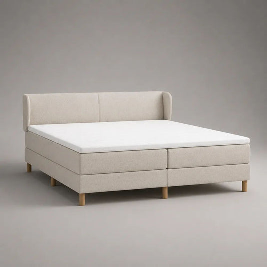 Lit boxspring double 180 × 200 cm avec 2 sommiers, 2 matelas, surmatelas et tête de lit en tissu beige clair