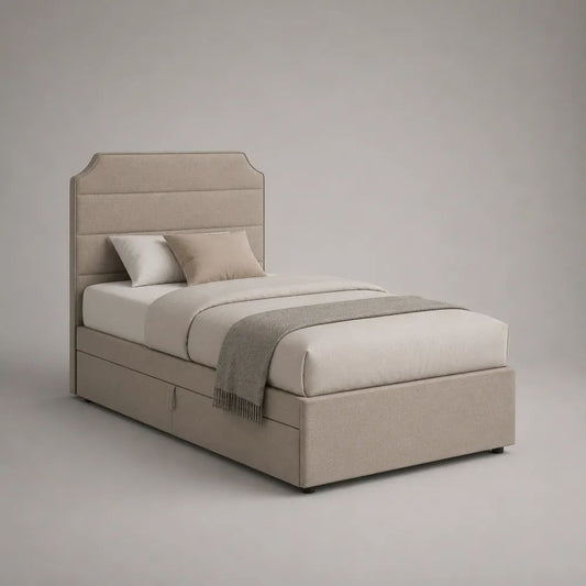 Lit coffre beige en tissu 140 x 190 cm avec tête de lit rembourrée