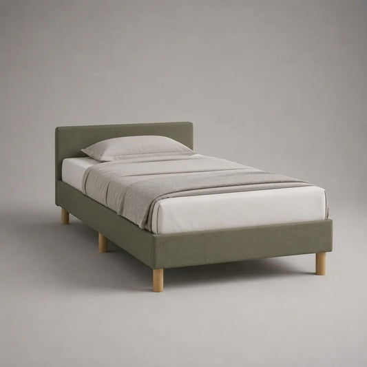 Lit simple 1 place rembourré en polyester vert olive avec sommier à lattes, 101 × 203 × 90 cm, couchage 90 × 190 cm