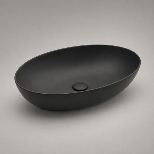 Vasque à poser ovale en céramique noire mate 60 × 40 × 14 cm sans trou de robinetterie